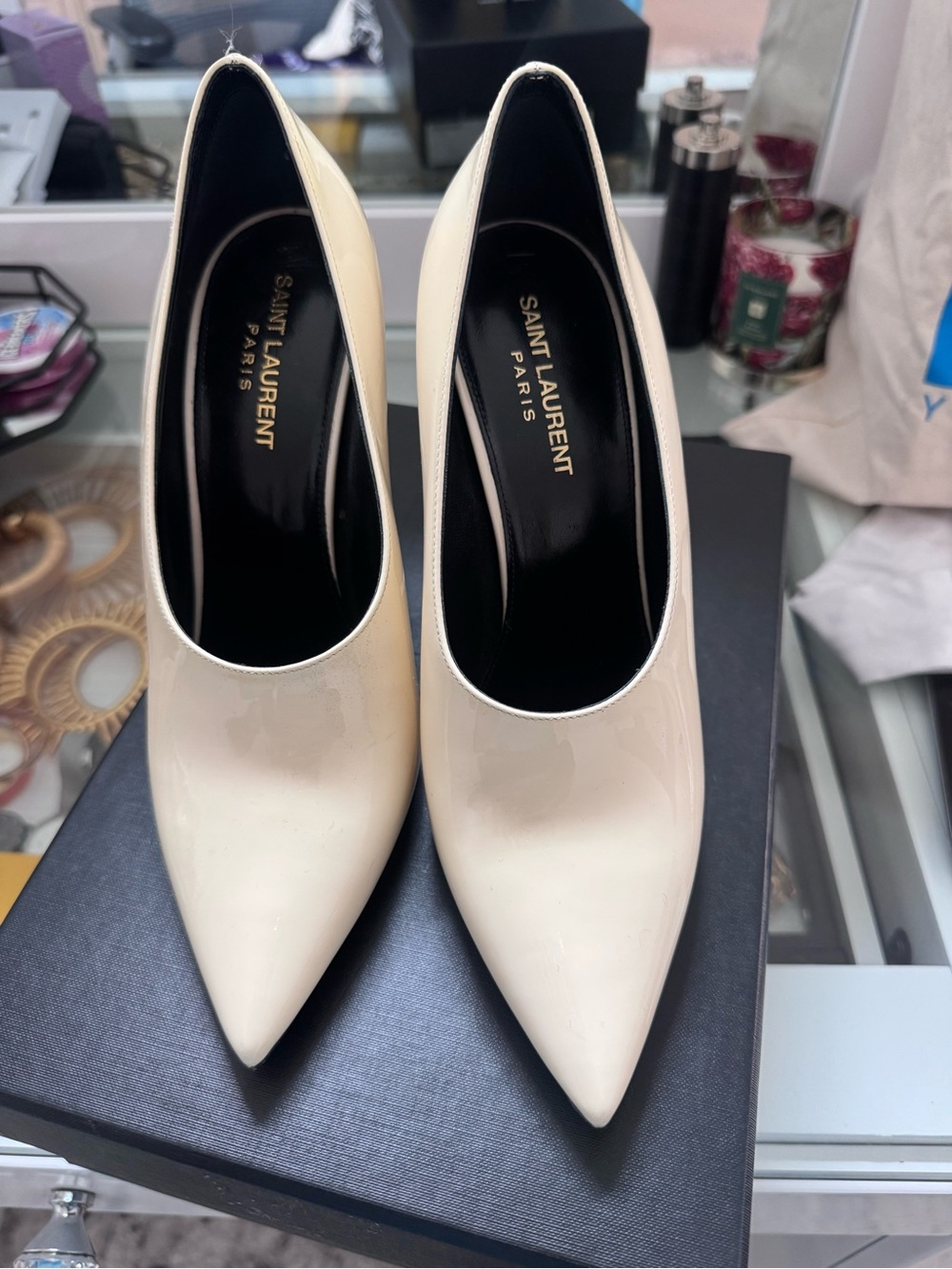 Saint Laurent Cream Patent Leather Pointed Pumps